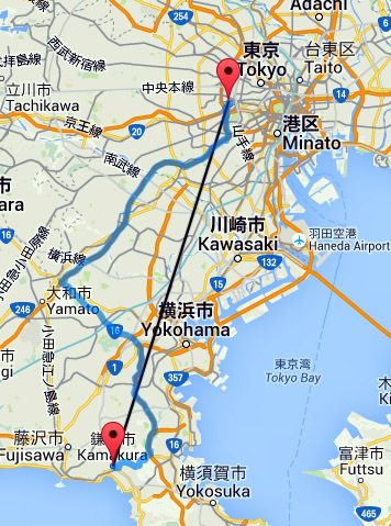mapa distancia Tokio, Kamakura