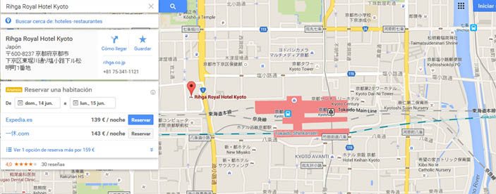 Rihga Royal hotel Kioto, mapa situación