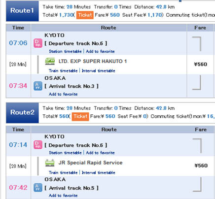 horario tren Kioto - Osaka, con la web Hyperdia